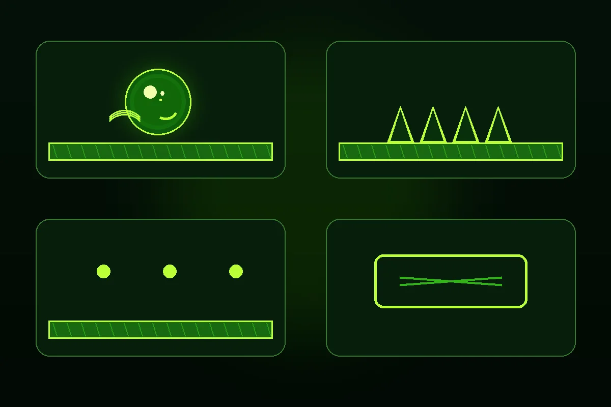 Four neon retro gameplay scenes with a ball, spikes, collectible markers and stage gates