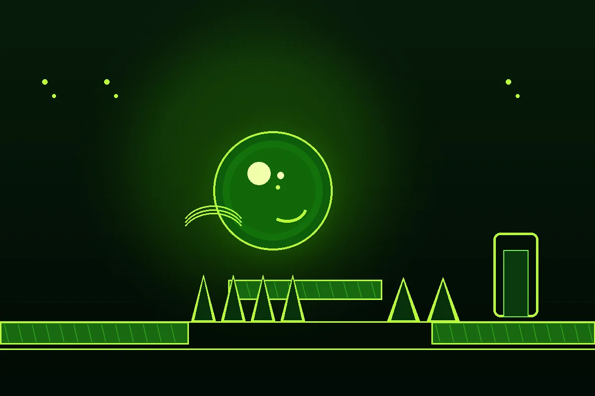 Retro ball moving across green platforms and avoiding spikes