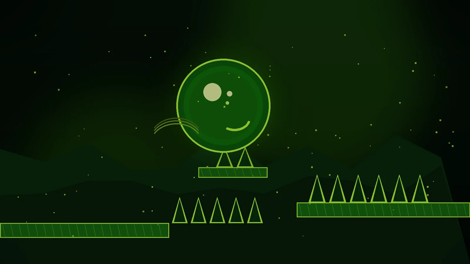 Glowing green retro ball bouncing through spike-filled neon platforms