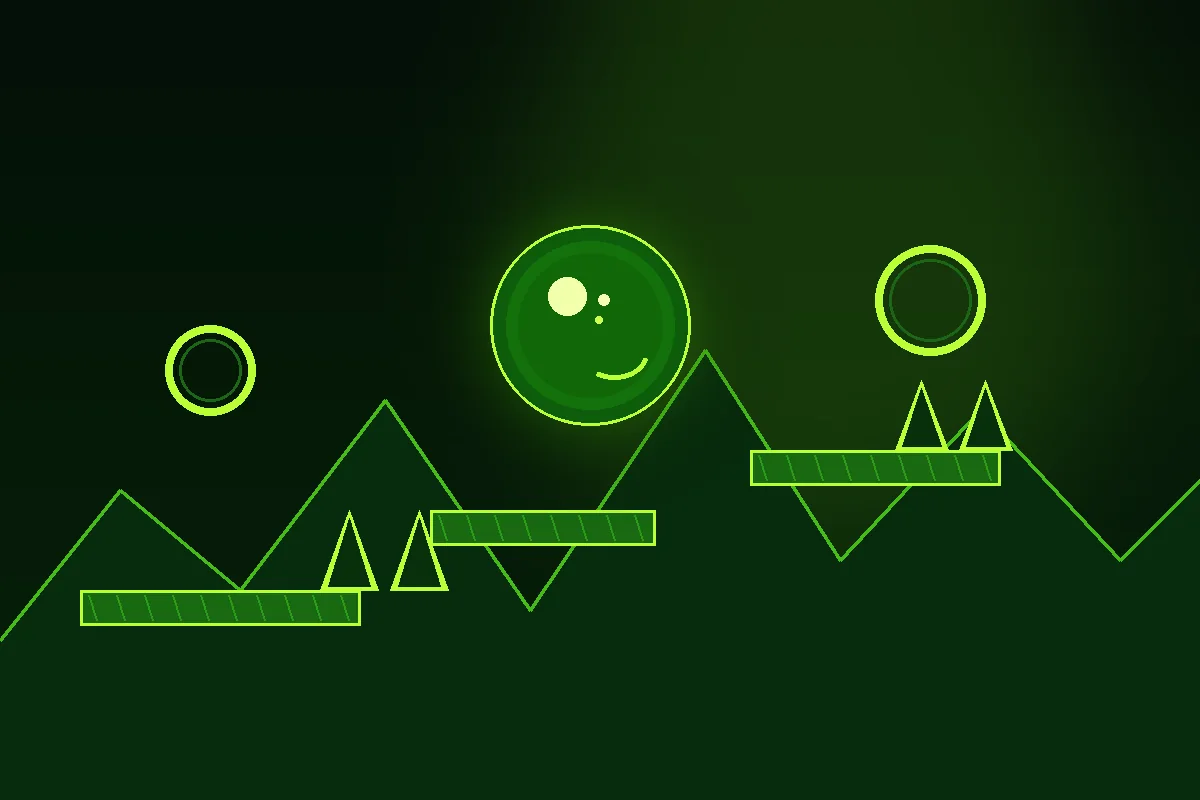 Atmospheric neon green platform world with mountains, rings, spikes and a glowing retro ball
